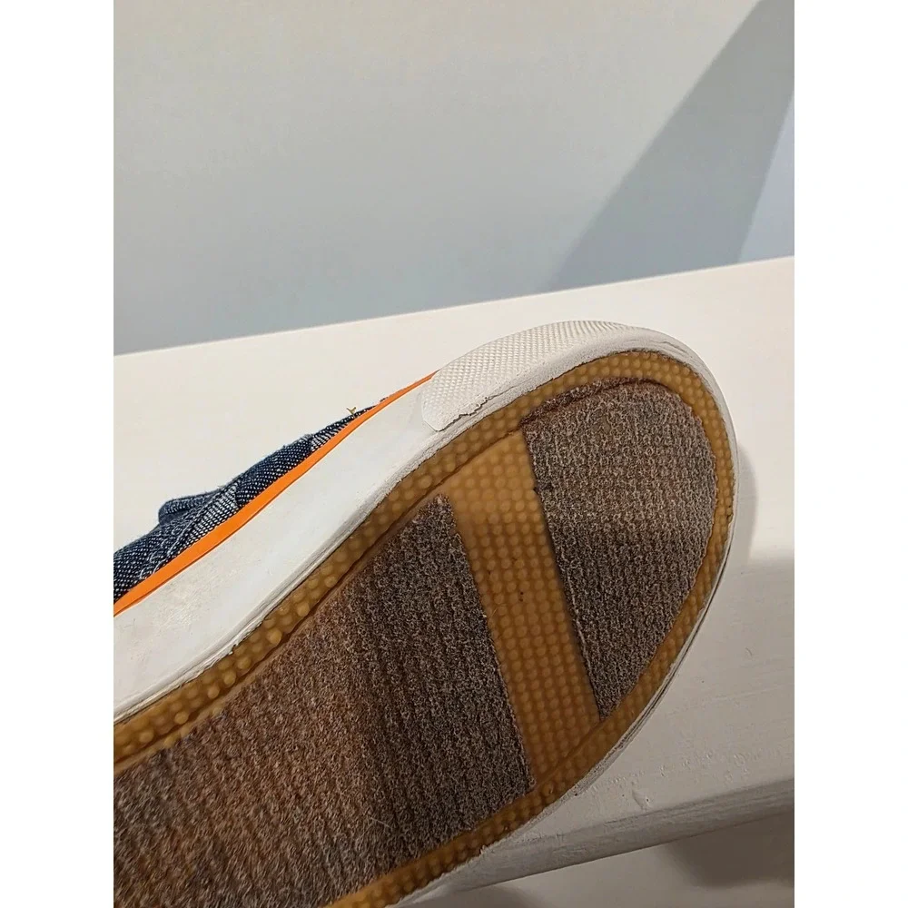 Kid's sz 11 Old Navy Blue Denim Checkerboard Slip On Sneakers Orange Trim Summer